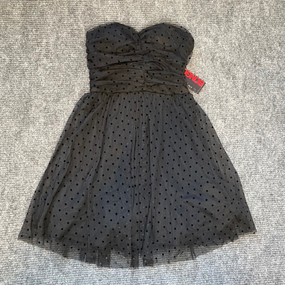 Bongo Strapless Polka Dot Tulle Dress Juniors 13 Black Ruched NWT Party Prom